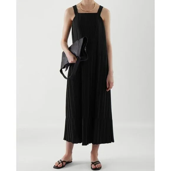 COS | Dresses | Cos Black Cotton Blend Square Neckline Pleated Adjustable  Strap Long Midi Dress | Poshmark